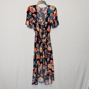 KORMEI Multi-Colored Floral, Short Sleeve High-Low Faux Wrap Midi Dress; Size S